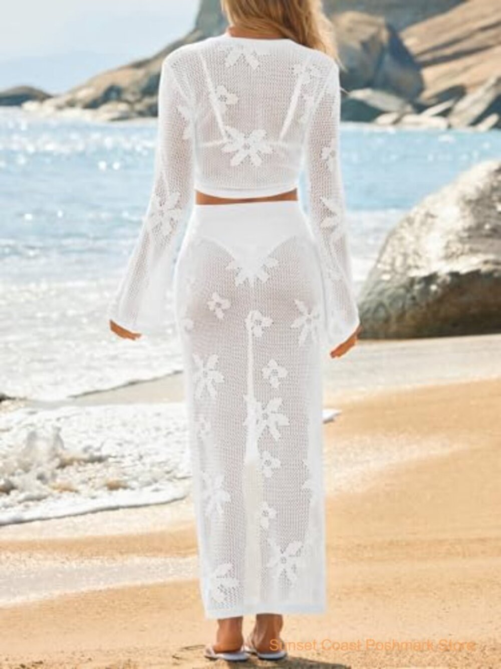 Crochet Swim Cover Up Set V Neck Long Sleeve Wrap Tie Beach - Picture 5 of 7